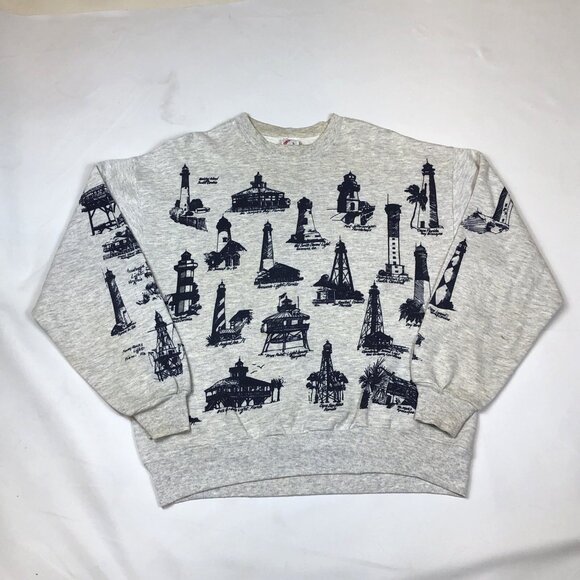 Vintage 90s Light Houses All Over Print AOP Crewneck Gray Sweatshirt Size Large - Picture 10 of 10